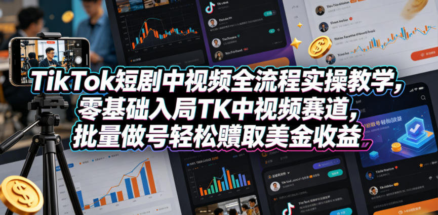TikTok短剧中视频全流程实操教学，零基础入局TK中视频赛道，批量做号轻松賺取美金收益-三禾网络