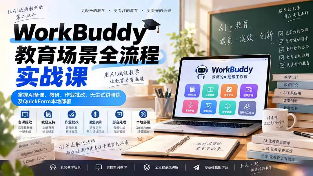 WorkBuddy教育场景全流程实战课:掌握AI备课、教研、作业批改、无生试讲陪练及QuickForm本地部署 WorkBuddy教育场景全流程实战课:掌握AI备课、教研、作业批改、无生试讲陪练及QuickForm本地部署