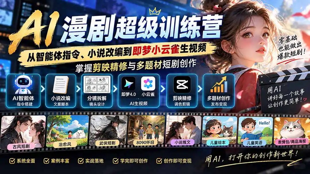 AI漫剧超级特训营：从智能体指令、小说改编到即梦小云雀生视频，掌握剪映精修与多题材短剧创作-三禾网络