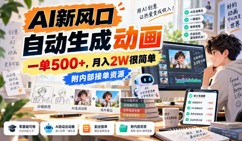 AI新风口，自动生成动画，一单500+，月入2W很简单，附内部接单资源【揭秘】-三禾网络