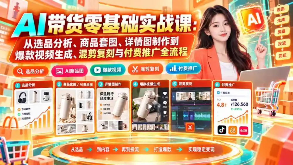 AI带货零基础实战课：从选品分析、商品套图、详情图制作到爆款视频生成、混剪复刻与付费推广全流程-三禾网络