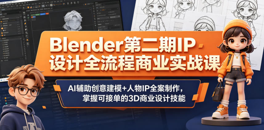 Blender第二期IP设计全流程商业实战课，AI辅助创意建模+人物IP全案制作，掌握可接单的3D商业设计技能-三禾网络