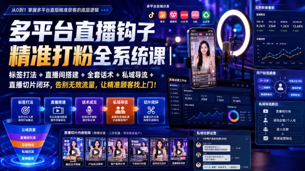 多平台直播钩子精准打粉全系统课｜标签打法+直播间搭建+全套话术+私域导流+直播切片闭环，告别无效流量，让精准顾客找上门！-三禾网络