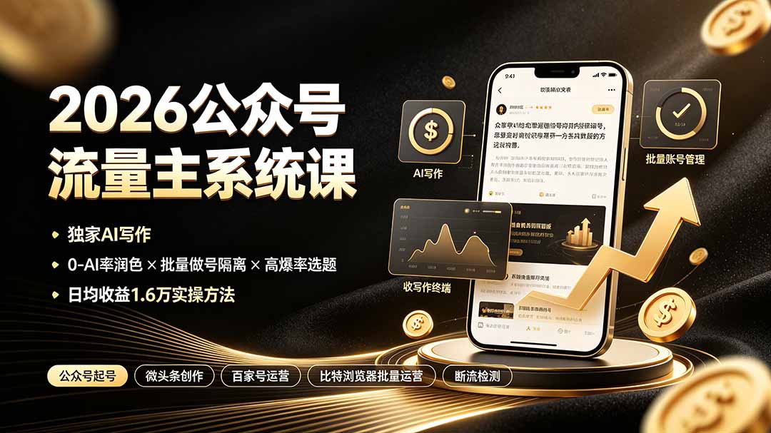 2026公众号流量主系统课：独家AI写作×0-AI率润色×批量做号隔离×高爆率选题，日均收益1.6万实操方法-三禾网络