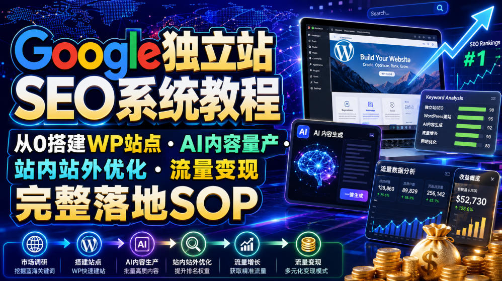 Google独立站SEO系统教程，从0搭建WP站点・AI内容量产・站内站外优化・流量变现完整落地SOP(2026年7月)-三禾网络