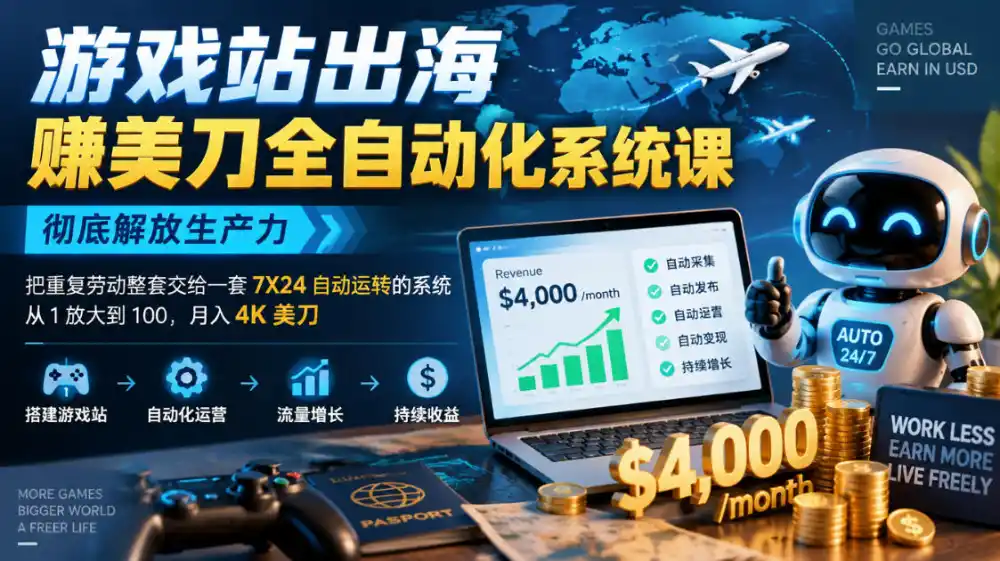 游戏站出海賺美刀全自动化系统课，彻底解放生产力–把重复劳动整套交给一套7X24自动运转的系统，从1放大到100，月入4K美刀-三禾网络