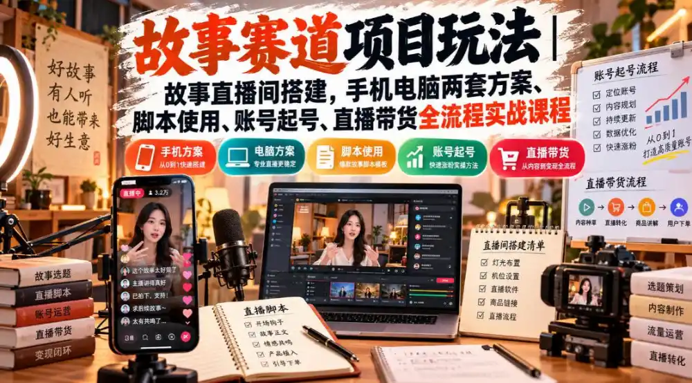 故事赛道项目玩法｜故事直播间搭建，手机电脑两套方案、脚本使用、账号起号、直播带货全流程实战课程-三禾网络