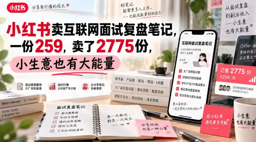 小红书卖互联网面试复盘笔记，一份259，卖了2775份，小生意也有大能量-三禾网络