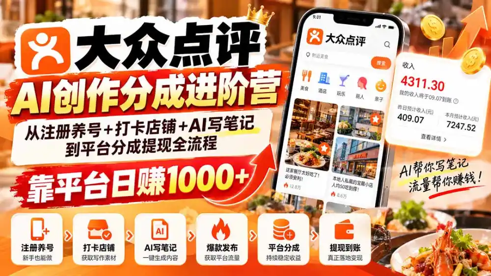 大众点评AI创作分成进阶营：从注册养号+打卡店铺+AI写笔记到平台分成提现全流程，靠平台日赚1000+-三禾网络