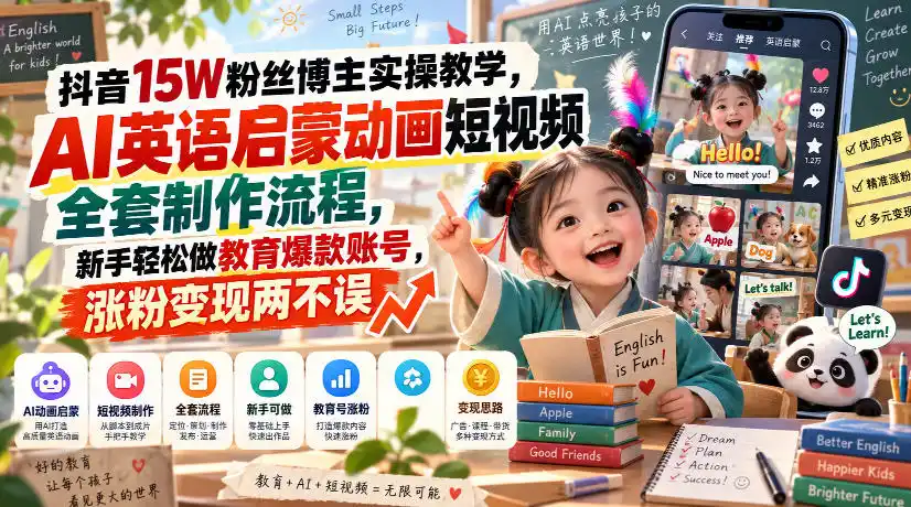 抖音15W粉丝博主实操教学，AI英语启蒙动画短视频全套制作流程，新手轻松做教育爆款账号，涨粉变现两不误-三禾网络