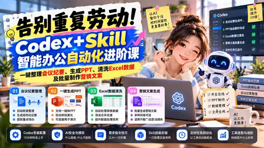 告别重复劳动！Codex+Skill智能办公自动化进阶课：一键整理会议纪要、生成PPT、清洗Excel数据及批量制作营销文案-三禾网络