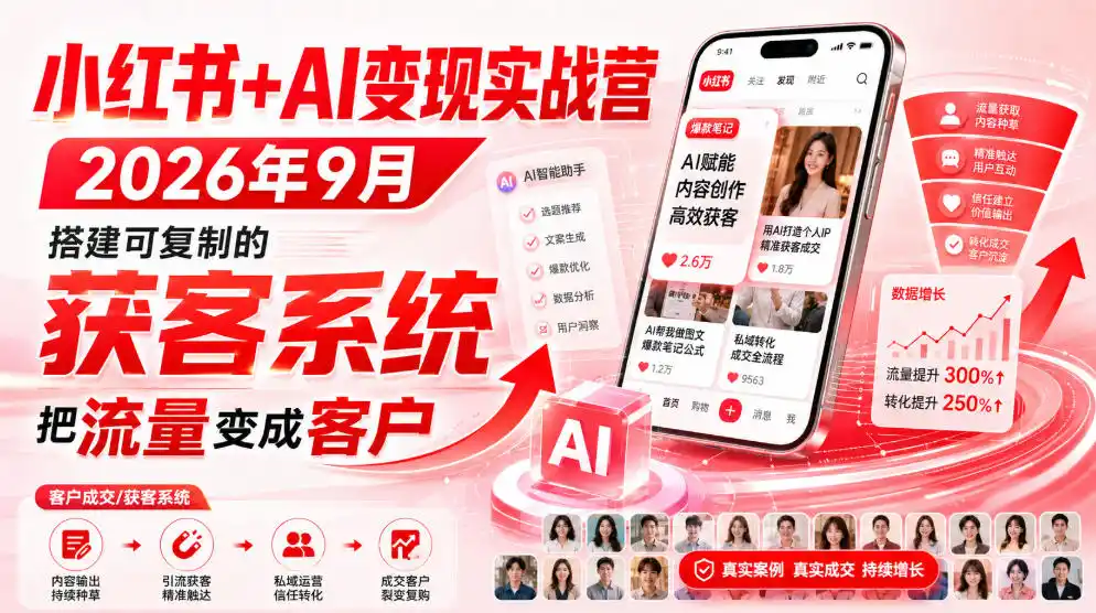 小红书+AI变现实战营2026年9月，搭建可复制的获客系统，把流量变成客户！-三禾网络