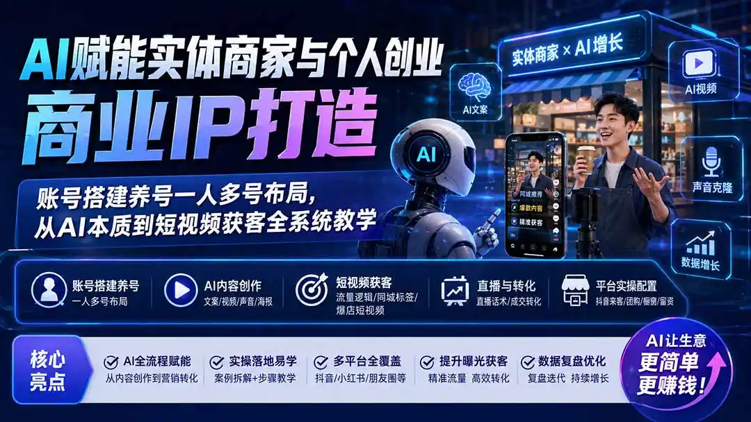 AI赋能实体商家与个人创业商业IP打造;账号搭建养号一人多号布局,从AI本质到短视频获客全系统教学-三禾网络