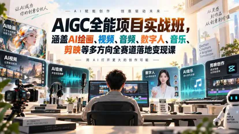AIGC全能项目实战班,涵盖AI绘画、视频、音频、数字人、音乐、剪映等多方向全赛道落地变现课 AIGC全能项目实战班,涵盖AI绘画、视频、音频、数字人、音乐、剪映等多方向全赛道落地变现课