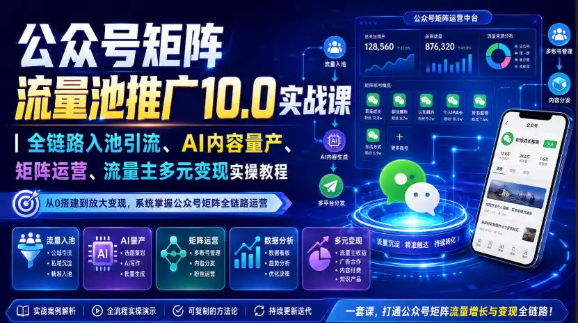 公众号矩阵流量池推广10.0实战课｜全链路入池引流、AI内容量产、矩阵运营、流量主多元变现实操教程-三禾网络