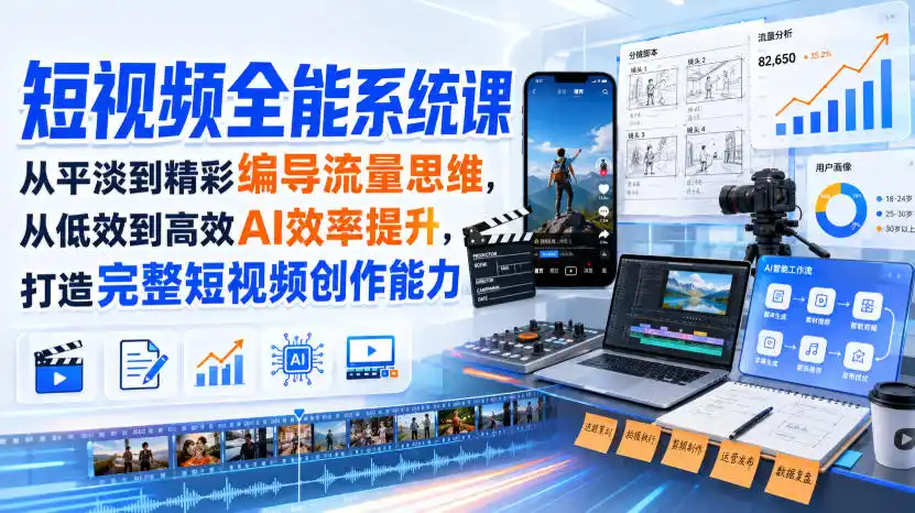 短视频全能系统课，从平淡到精彩编导流量思维，从低效到高效AI效率提升，打造完整短视频创作能力(2026年8月30更新233集)-三禾网络