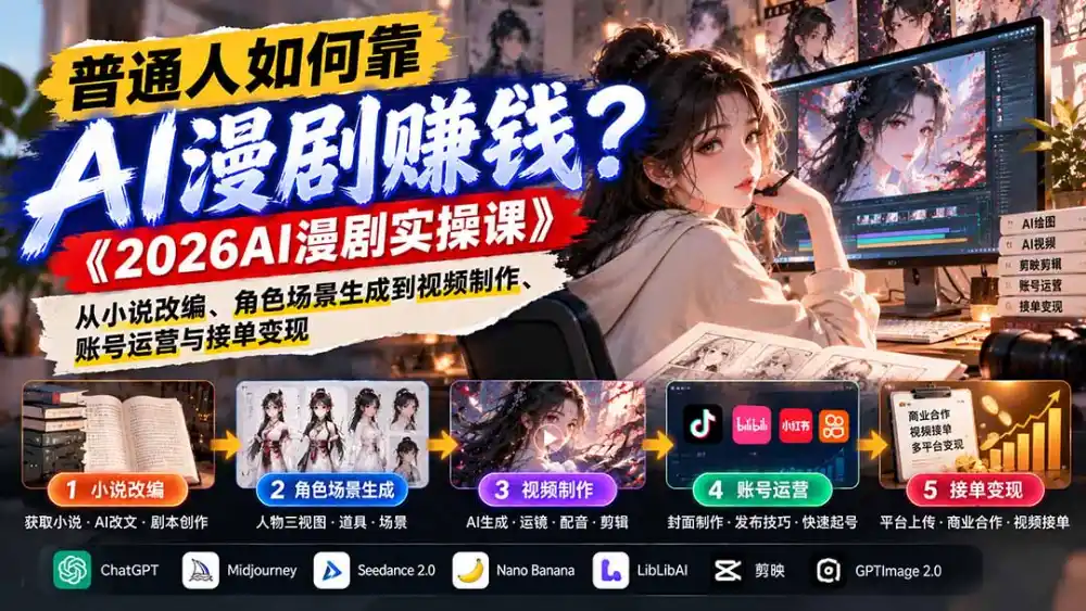 普通人如何靠AI漫剧赚钱?《2026AI漫剧实操课》从小说改编、角色场景生成到视频制作、账号运营与接单变现-三禾网络
