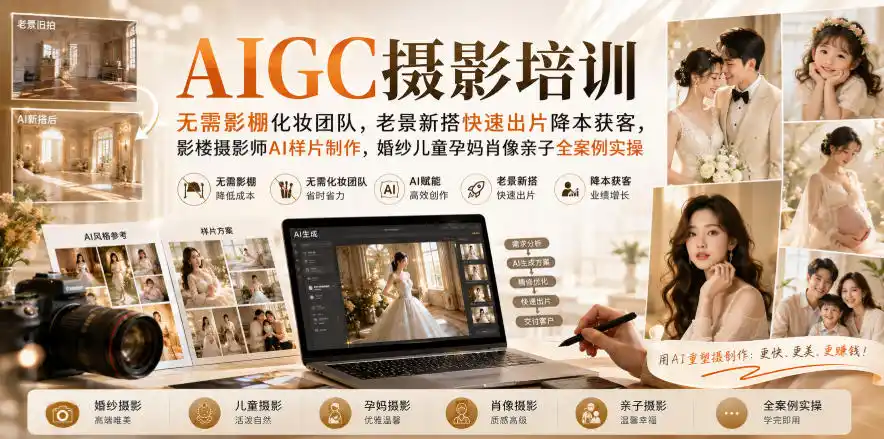 AIGC摄影培训｜无需影棚化妆团队，老景新搭快速出片降本获客，影楼摄影师AI样片制作，婚纱儿童孕妈肖像亲子全案例实操-三禾网络
