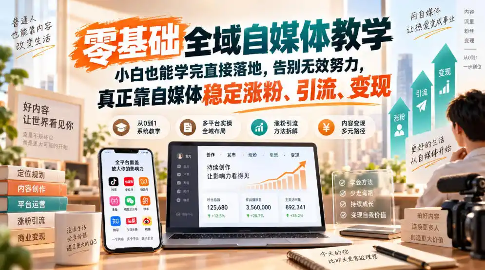 零基础全域自媒体教学,小白也能学完直接落地,告别无效努力,真正靠自媒体稳定涨粉、引流、变现-三禾网络