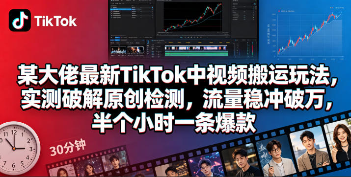 某大佬最新TikTok中视频搬运玩法，实测破解原创检测，流量稳冲破万，半个小时一条爆款-三禾网络