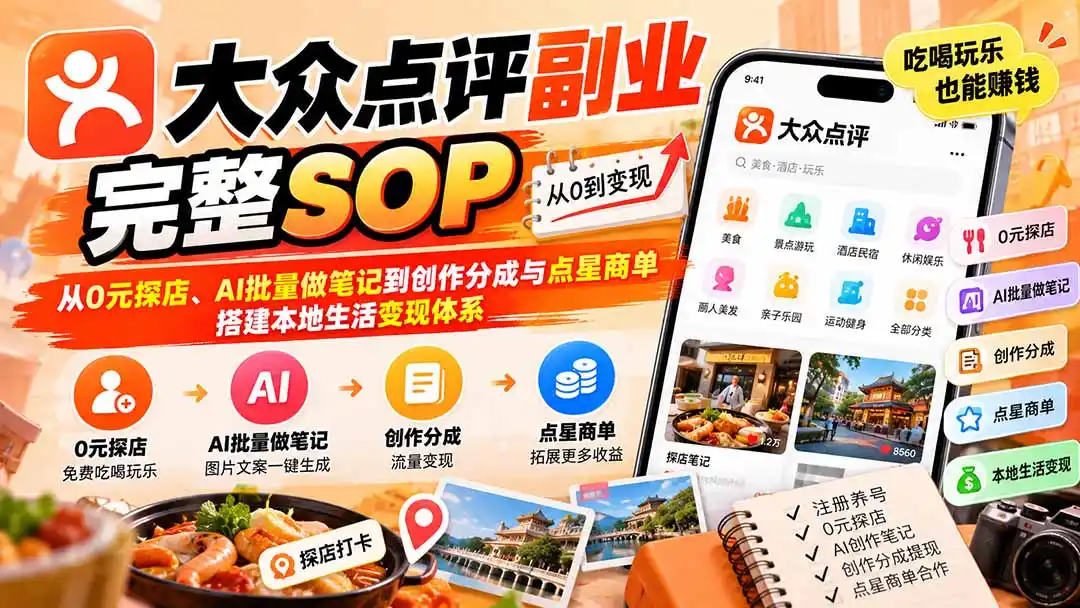 【无水印】大众点评副业完整SOP：从0元探店、AI批量做笔记到创作分成与点星商单，搭建本地生活变现体系-三禾网络