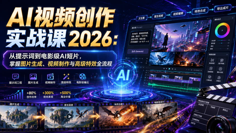 AI视频创作实战课2026：从提示词到电影级AI短片，掌握图片生成、视频制作与高级特效全流程-三禾网络