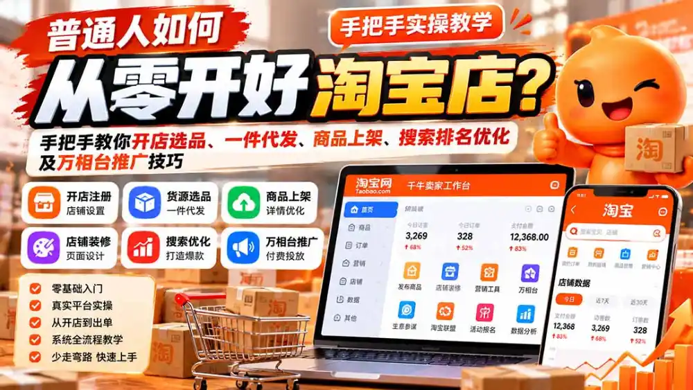 普通人如何从零开好淘宝店？手把手教你开店选品、一件代发、商品上架、搜索排名优化及万相台推广技巧-三禾网络