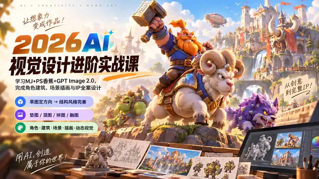 2026AI视觉设计进阶实战课-更新:学习MJ+PS香蕉+GPT Image 2.0,完成角色建筑、场景插画与IP全案设计 2026AI视觉设计进阶实战课-更新:学习MJ+PS香蕉+GPT Image 2.0,完成角色建筑、场景插画与IP全案设计