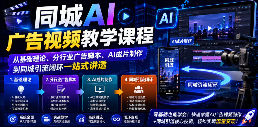 同城AI广告视频教学课程，从基础理论、分行业广告脚本、AI成片制作到同城引流闭环一站式讲透-三禾网络