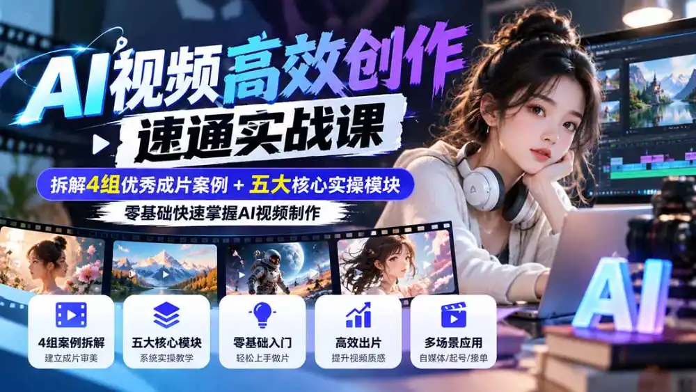 【无水印】AI视频高效创作速通实战课：拆解4组优秀成片案例+五大核心实操模块，零基础快速掌握AI视频制作-三禾网络