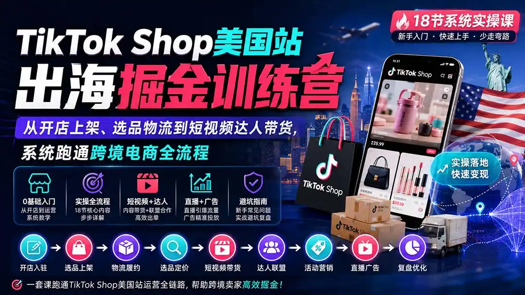 TikTok Shop美国站出海掘金训练营：从开店上架、选品物流到短视频达人带货，系统跑通跨境电商全流程-三禾网络