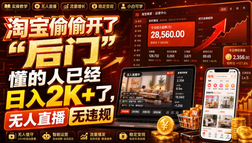 淘宝偷偷开了“后门”，懂的人已经日入2K+了，无人直播无违规，一台电脑=一家24小时营业的线上门店【揭秘】-三禾网络