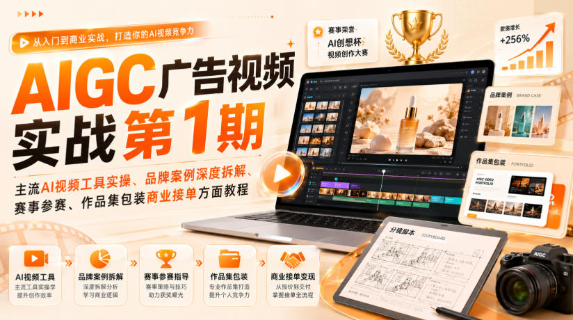 AIGC广告视频实战第1期，主流AI视频工具实操、品牌案例深度拆解、赛事参赛、作品集包装商业接单方面教程-三禾网络