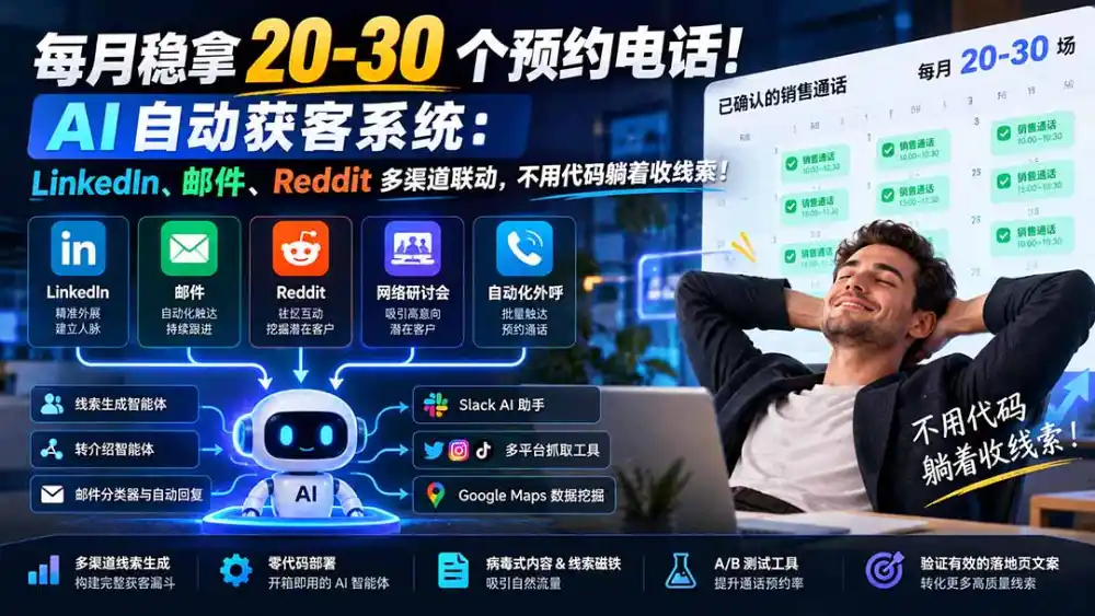 每月稳拿 20-30 个预约电话！AI 自动获客系统：LinkedIn、邮件、Reddit 多渠道联动，不用代码躺着收线索！-三禾网络