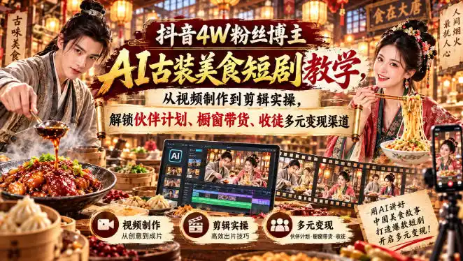 抖音4W粉丝博主AI古装美食短剧教学，从视频制作到剪辑实操，解锁伙伴计划、橱窗带货、收徒多元变现渠道