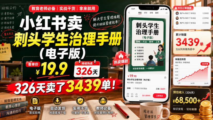 小红书卖刺头学生治理手册(电子版)，客单价19.9，326天卖了3439单！-三禾网络