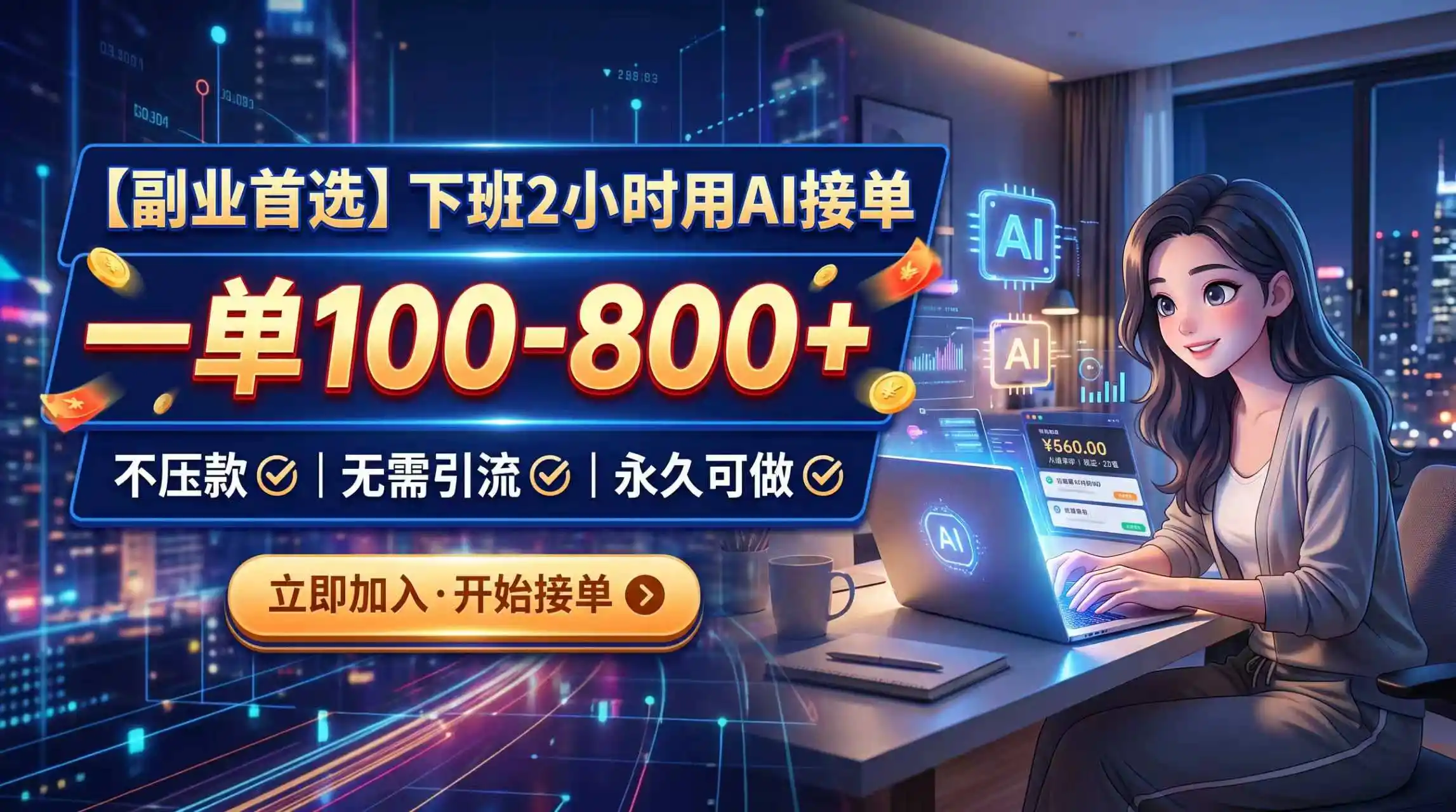 下班2小时用AI接单，一单100-800+，不压款，无需引流，永久可做-三禾网络