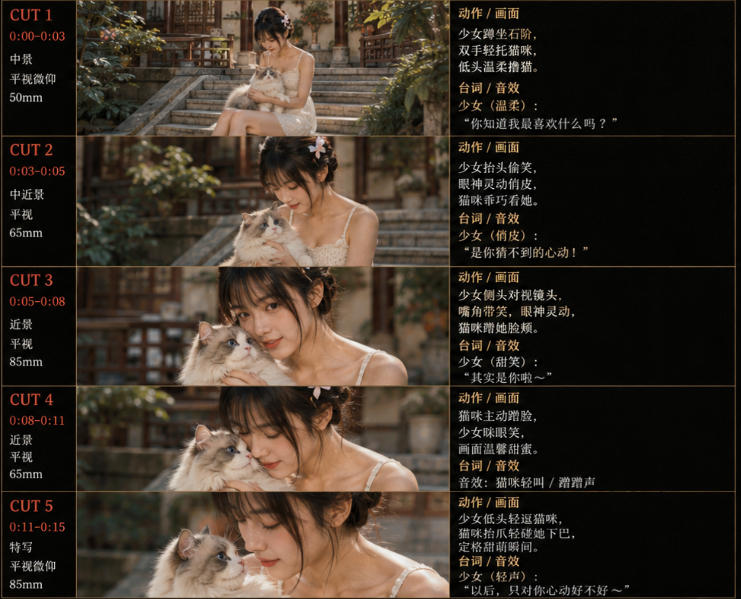 美女和猫故事提示词，人物一致性提示词+故事板-三禾网络
