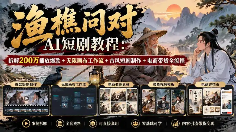 【无水印】渔樵问对AI短剧教程：拆解200万播放爆款+无限画布工作流+古风短剧制作+电商带货全流程-三禾网络