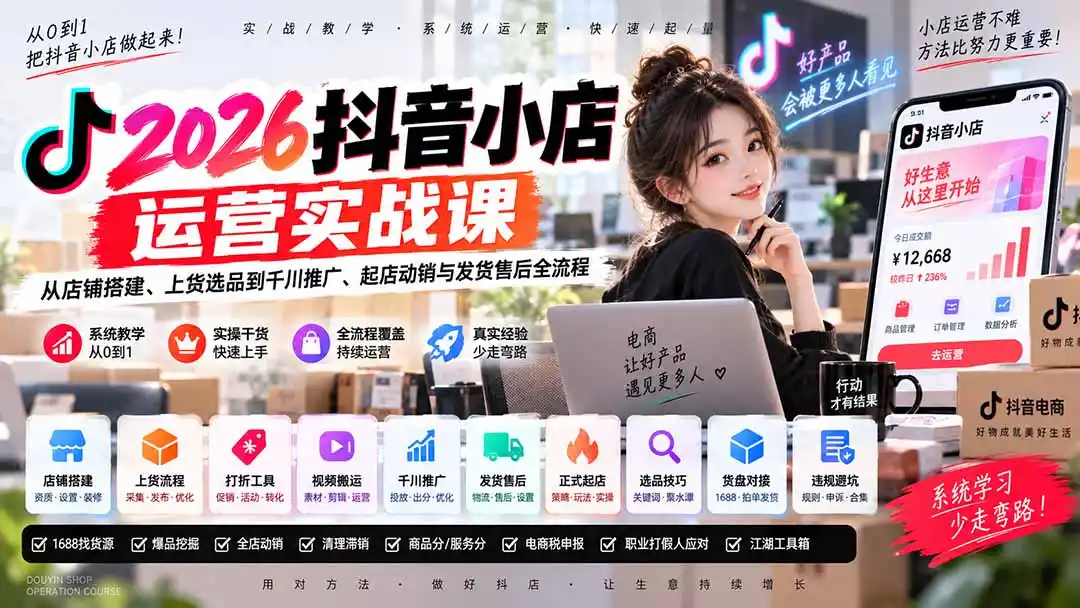 2026抖音小店运营实战课｜从店铺搭建、上货选品到千川推广、起店动销与发货售后全流程-三禾网络