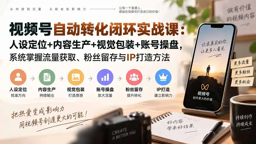 视频号自动转化闭环实战课：人设定位+内容生产+视觉包装+账号操盘，系统掌握流量获取、粉丝留存与IP打造方法-三禾网络
