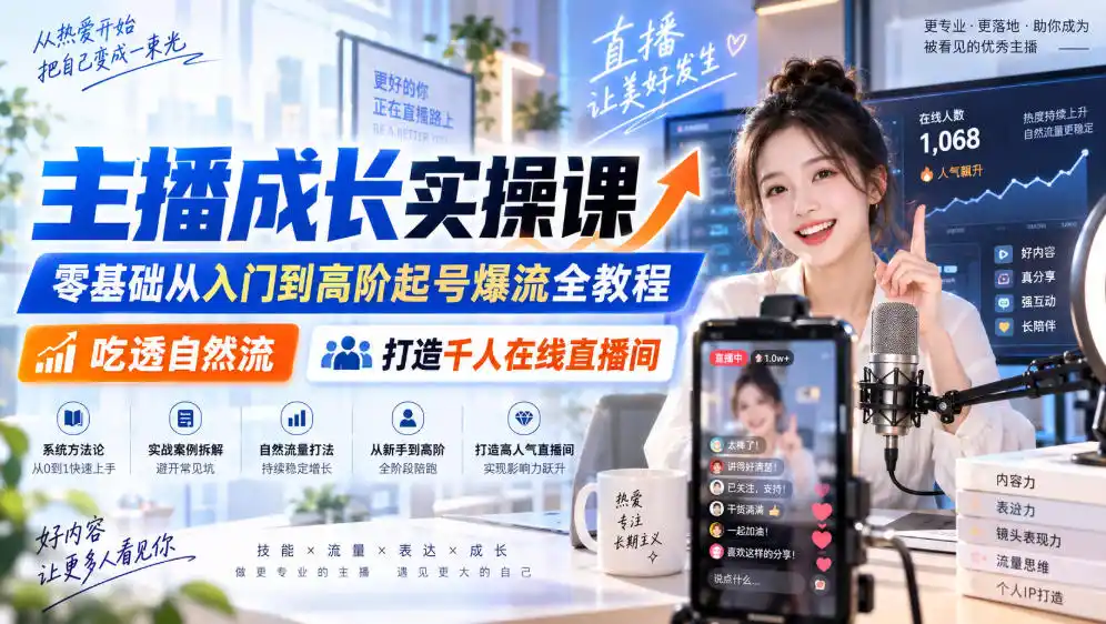 主播成长实操课|零基础从入门到高阶起号爆流全教程,吃透自然流,打造千人在线直播间-三禾网络