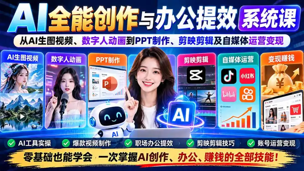 AI全能创作与办公提效系统课：从AI生图视频、数字人动画到PPT制作、剪映剪辑及自媒体运营变现-三禾网络