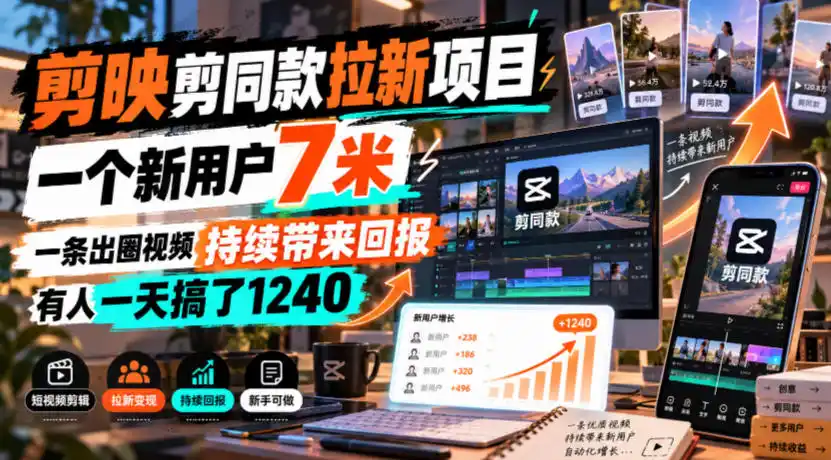 剪映剪同款拉新项目，一个新用户7米，一条出圈视频持续带来回报，有人一天搞了1240-三禾网络