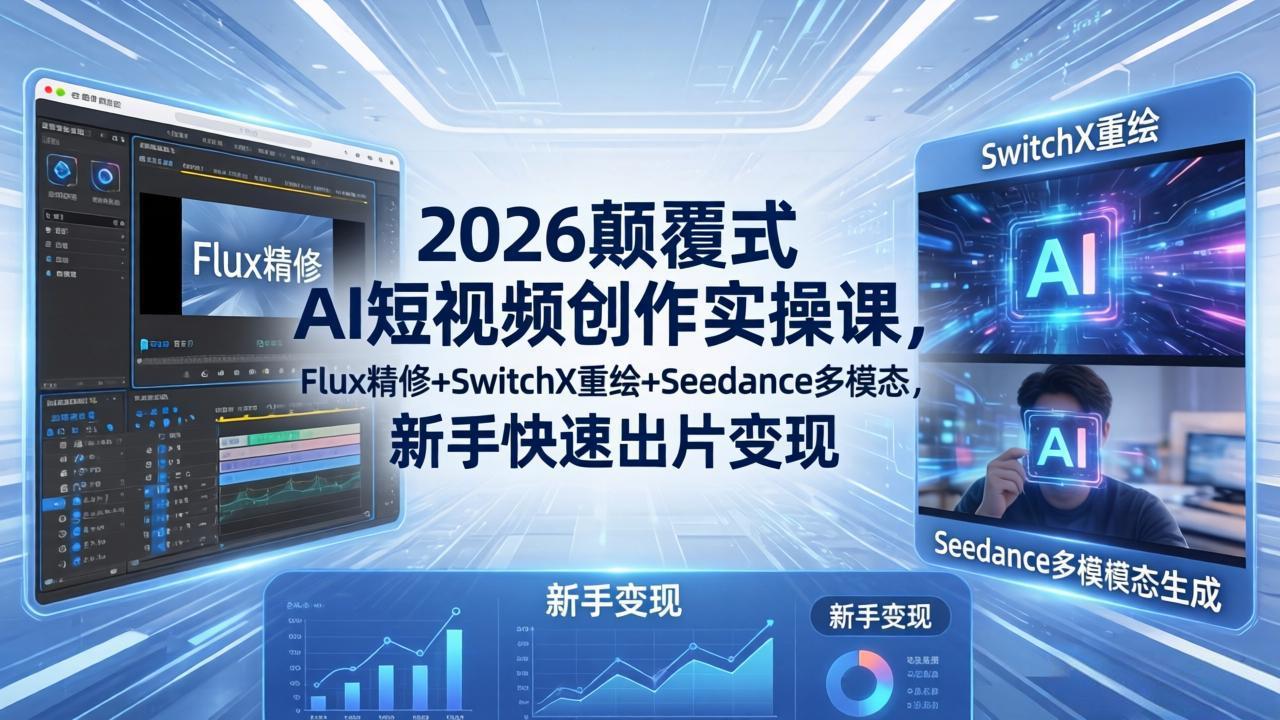 2026颠覆式 AI短视频创作课-5月更新，Flux精修+SwitchX重绘+Seedance多模态，新手快速出片变现-三禾网络