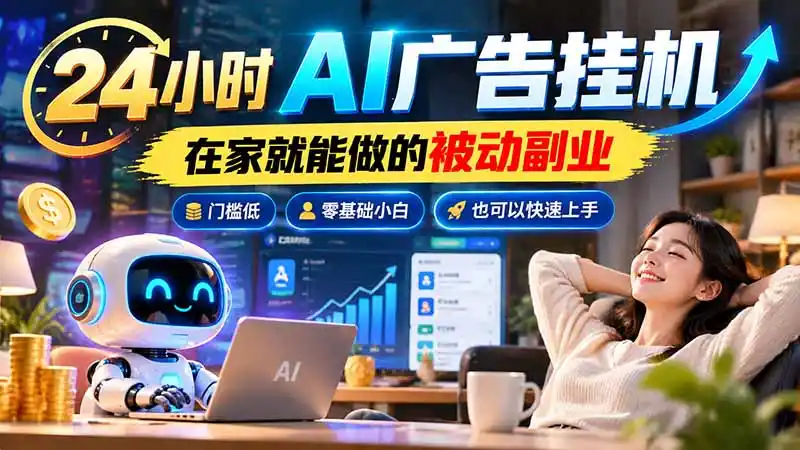 24小时AI广告挂机｜在家就能做的被动副业，门槛低，零基础小白也可以快速上手-三禾网络