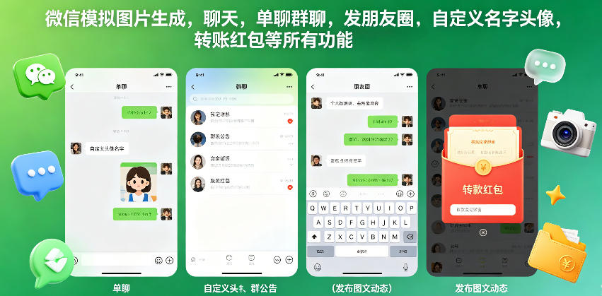 微信模拟图片生成，聊天，单聊群聊，发朋友圈，自定义名字头像，转账红包等所有功能都可以生成-三禾网络
