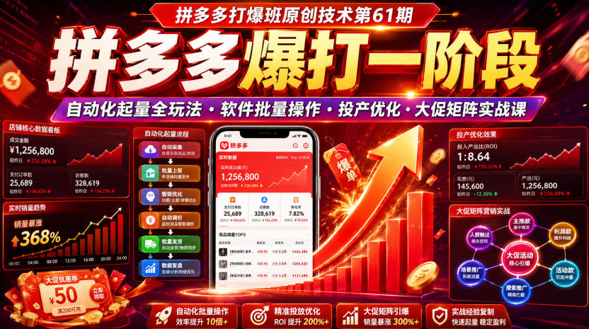拼多多打爆班原创技术第61期，拼多多爆打一阶段，自动化起量全玩法・软件批量操作・投产优化・大促矩阵实战课-三禾网络