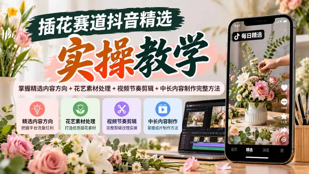 插花赛道抖音精选实操教学：掌握精选内容方向+花艺素材处理+视频节奏剪辑+中长内容制作完整方法-三禾网络
