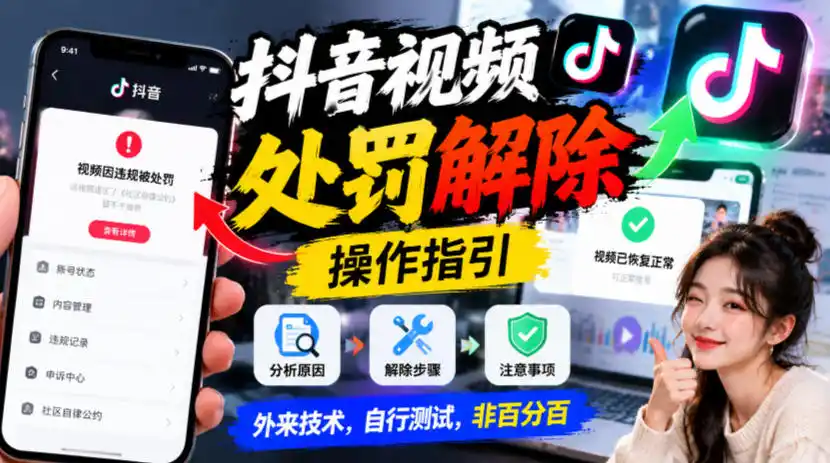 抖音视频处罚解除操作指引，外来技术，自行测试，非百分百-三禾网络